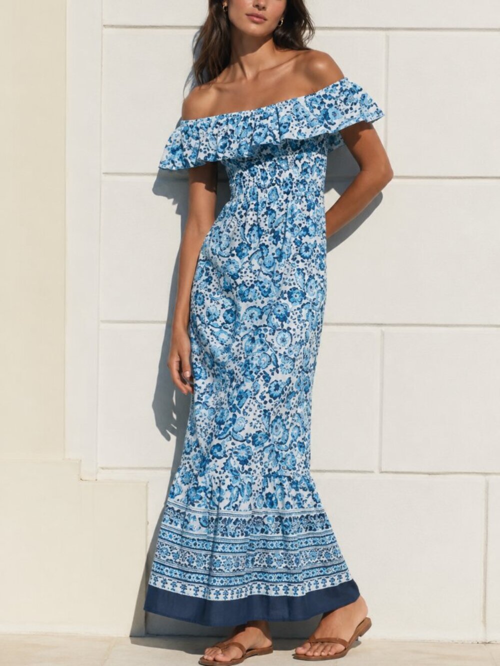 Zara Off The Shoulder Floral Print Maxi Dress Cotton Blue White Size Medium